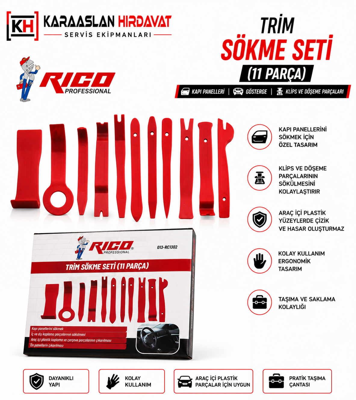 Rico 11 Parça Oto Döşeme Klips Sökme Çıkarma Trim Seti