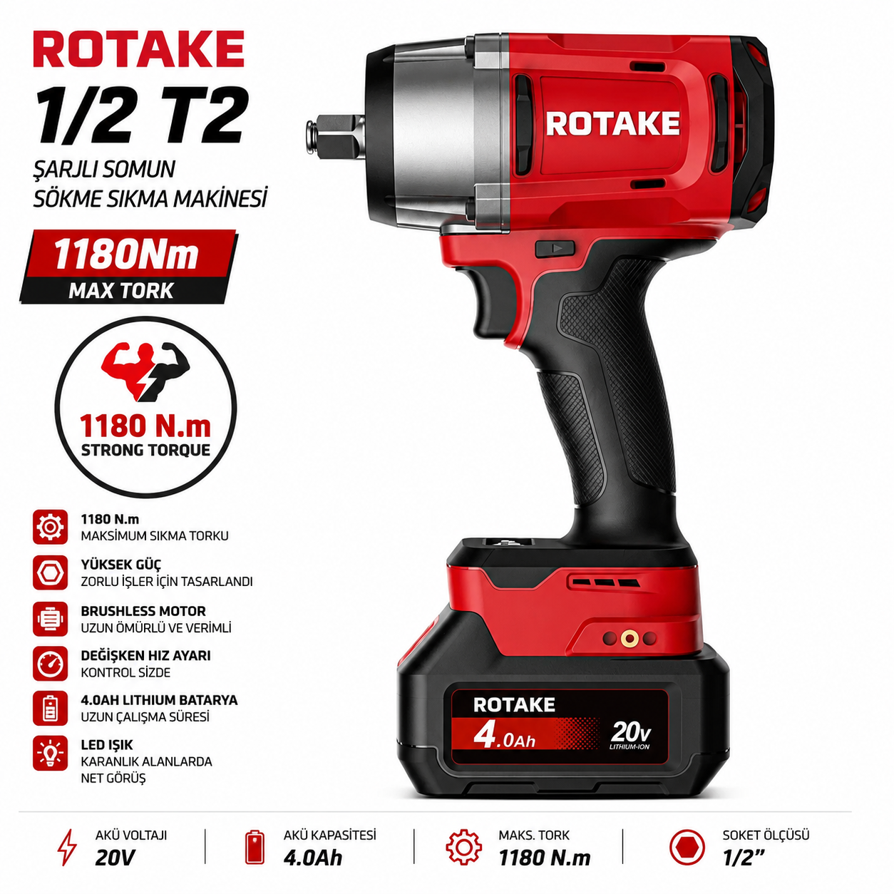 Rotake 1/2 T2 Şarjlı Somun Sökme Sıkma Makinesi 1180Nm