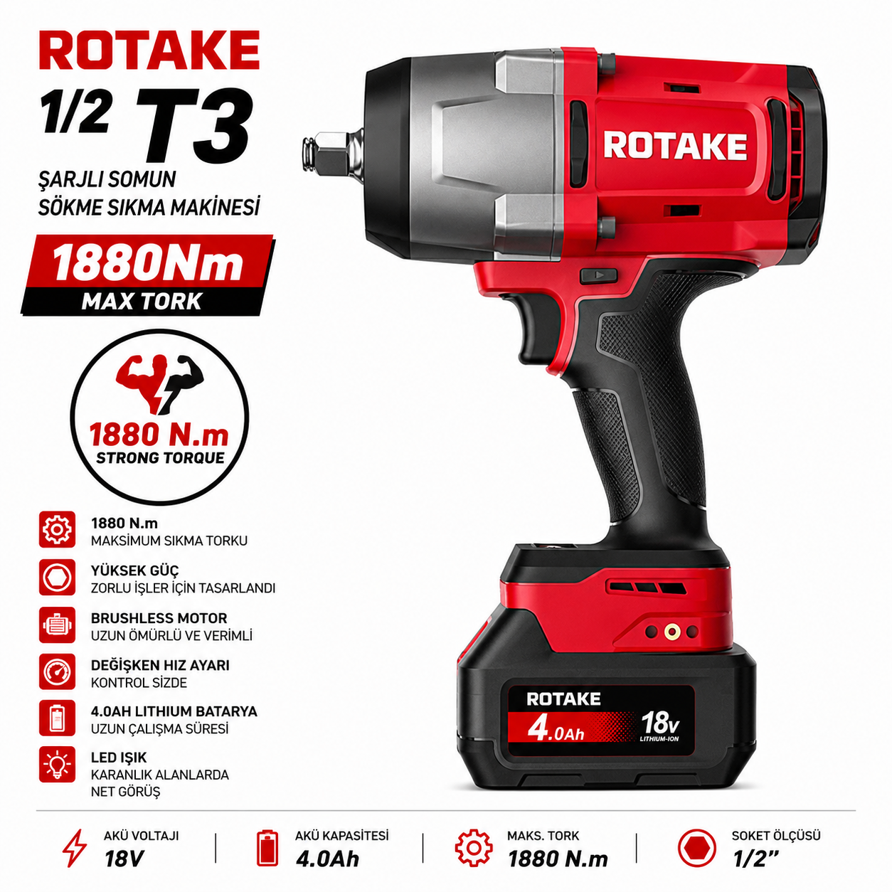 Rotake 1/2 T3 Şarjlı Somun Sökme Sıkma Makinesi 1880Nm