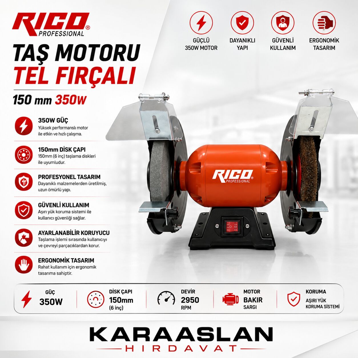 Rico Profesyonel Taş Motoru Tel Fırçalı 150 mm 350W