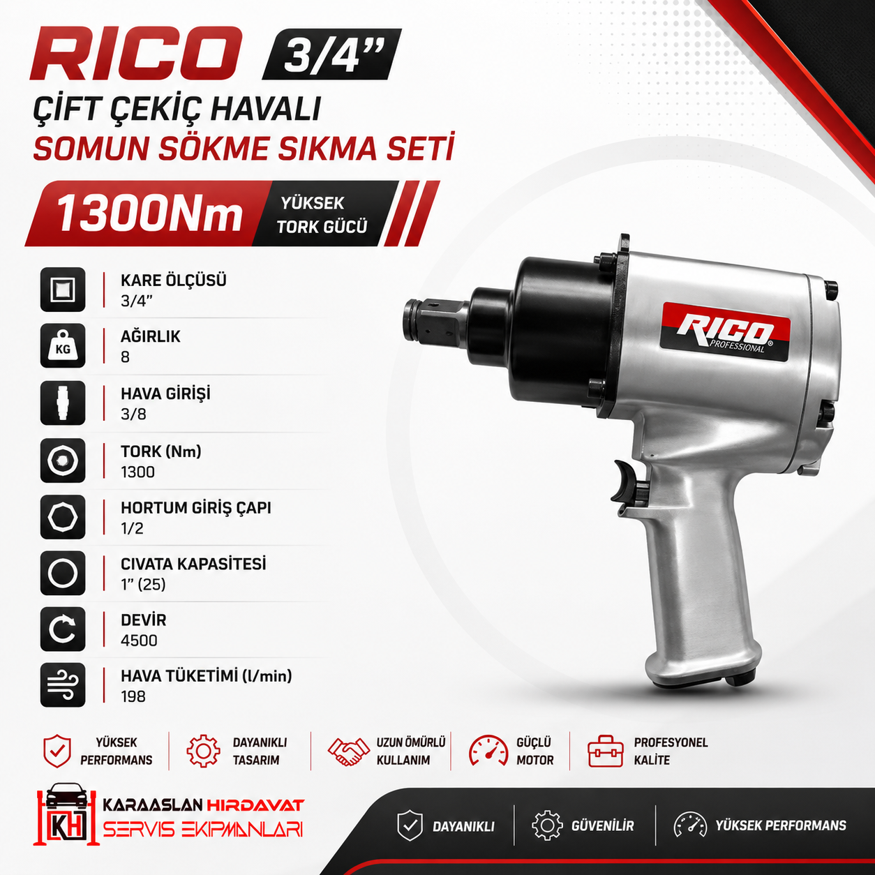 Rico 3/4 Çift Çekiç Havalı Somun Sökme Sıkma 1300Nm
