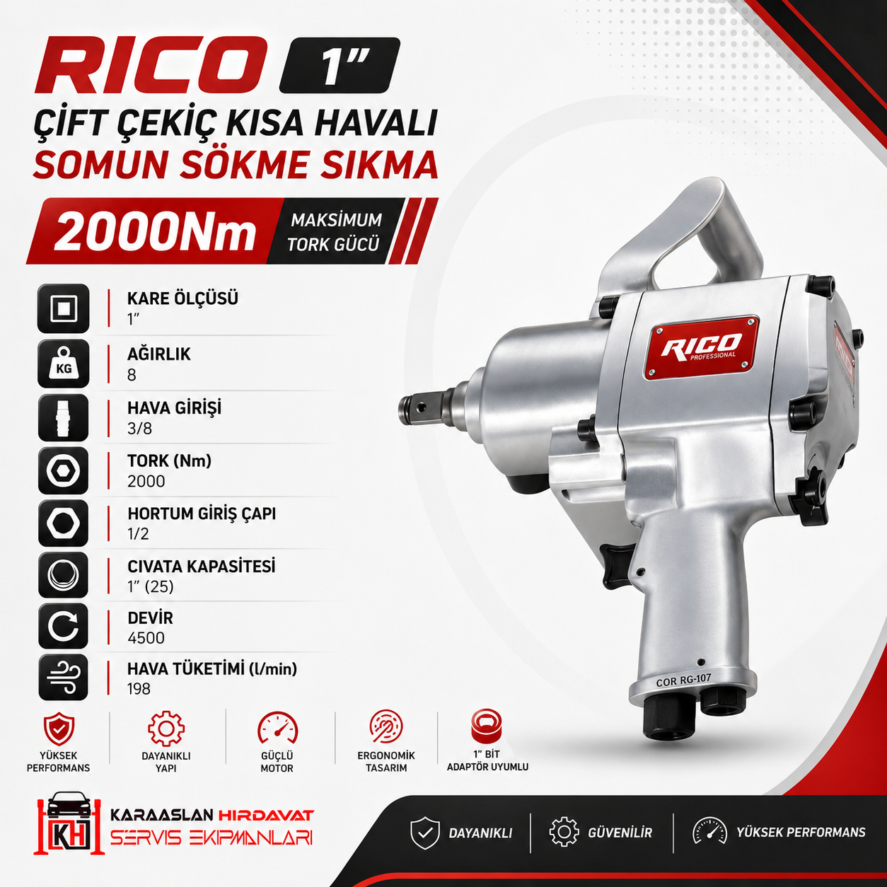 Rico 1” Çift Çekiç Kısa Havalı Somun Sökme Sıkma 2000Nm