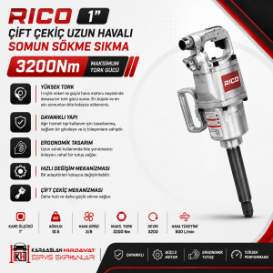 Rico 1” Çift Çekiç Uzun Havalı Somun Sökme Sıkma 3200Nm