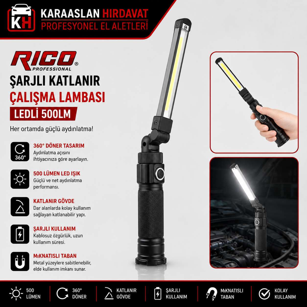 ŞARJLI KATLANIR ÇALIŞMA LAMBASI LEDLİ 500LM