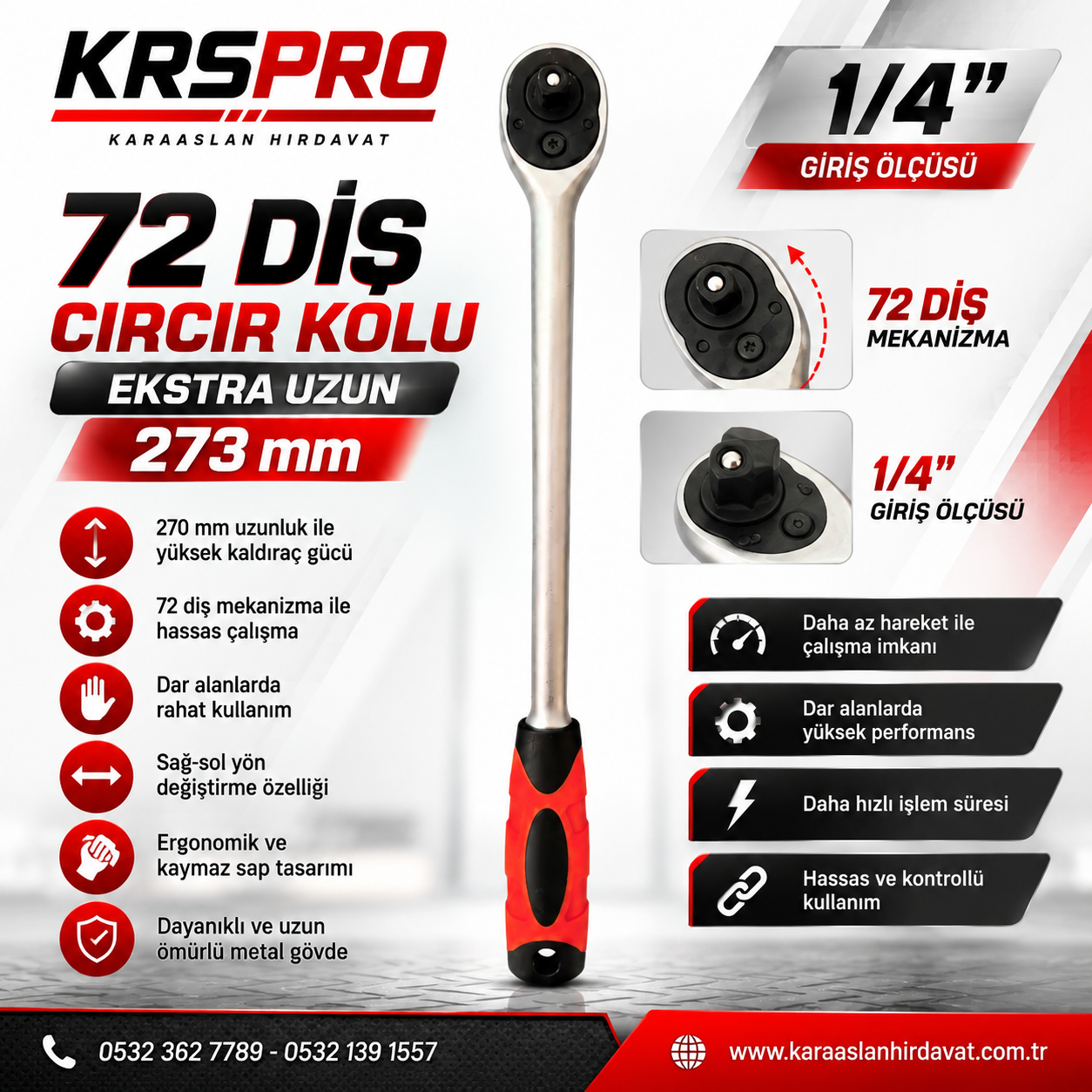 Rico 1/4 Uzun Lokma Cırcır Kolu 270mm 72 Diş